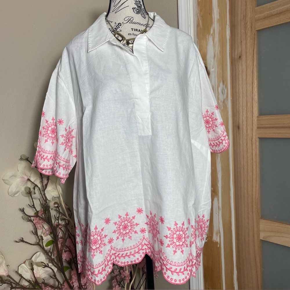 Talbots Embroidered Linen Cotton Shirt Women's Plus 2X White Pink Scallop